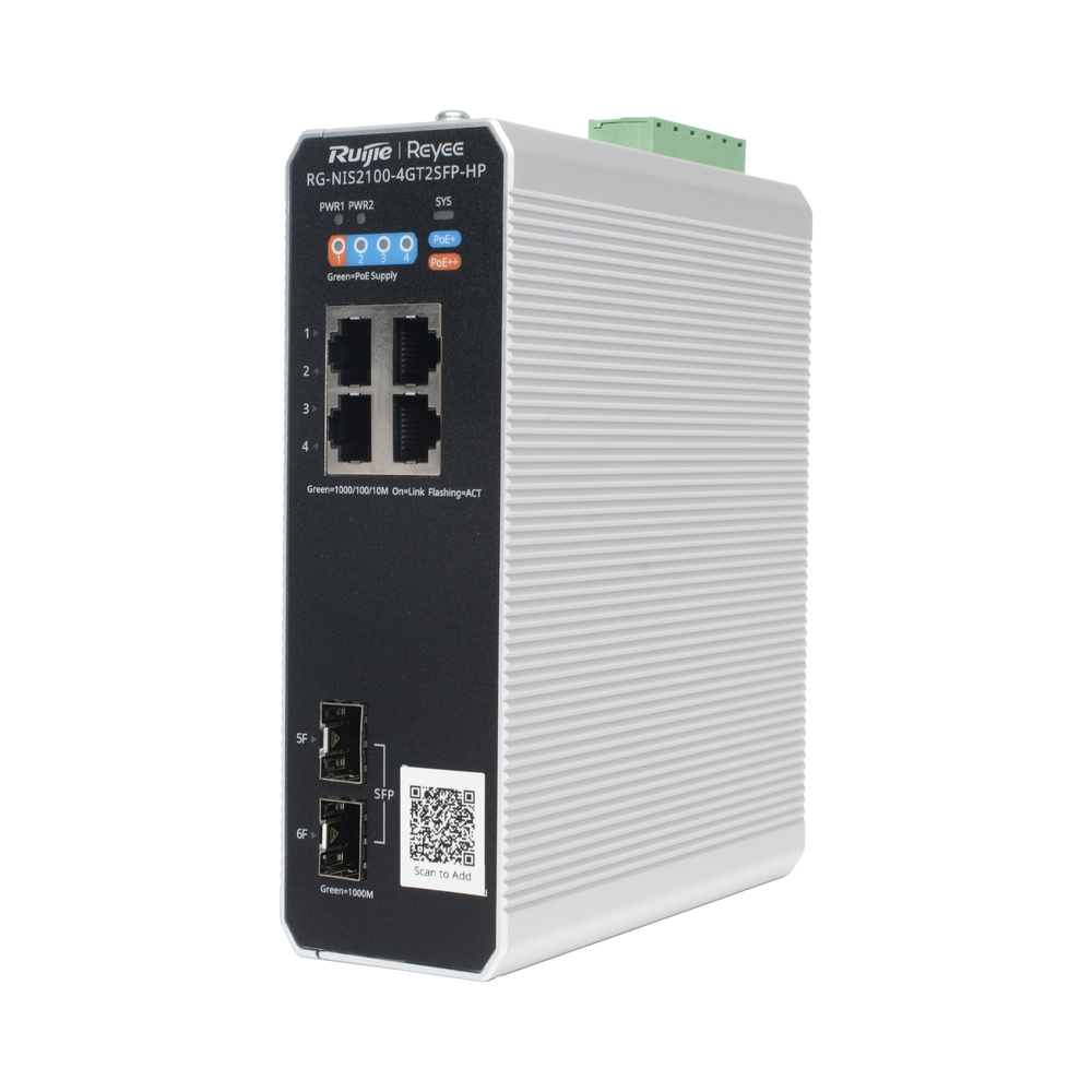 Switch Industrial PoE+ hasta 180 watts , Ideal para temperaturas Extremas y protección contra descargas, 1 puerto PoE++ 60W y 3 puertos PoE+ 30W, 2 SFP Uplink