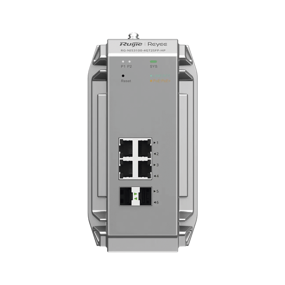 Switch Industrial PoE hasta , Ideal para temperaturas Extremas y protección contra descargas, 4 Puertos Gigabit PoE 802.3 af/at, 2 puertos SFP Administrable Cloud