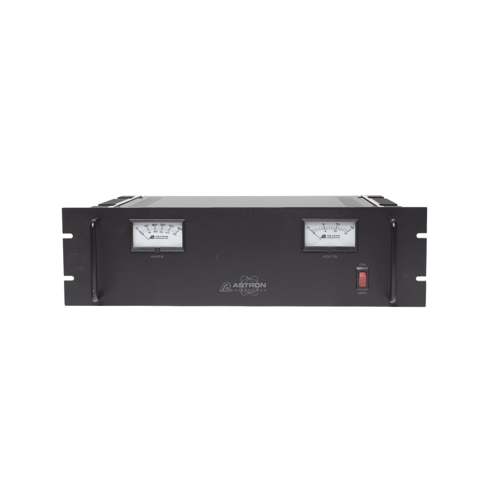 Fuente de poder 13.8Vcc, 50A, lineal regulada con circuito cargador de baterías, medidores, para instalación en rack