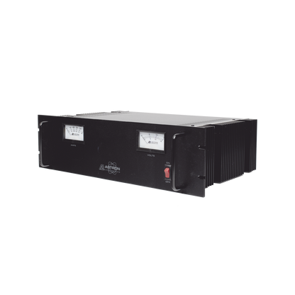 Fuente de poder 13.8Vcc, 50A, lineal regulada con circuito cargador de baterías, medidores, para instalación en rack