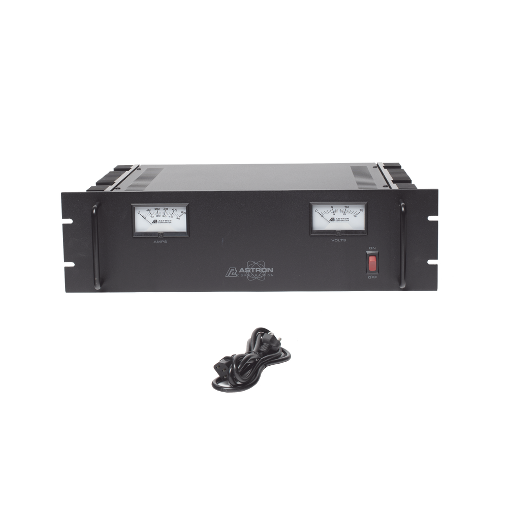 Fuente de poder 13.8Vcc, 50A, lineal regulada con circuito cargador de baterías, medidores, para instalación en rack