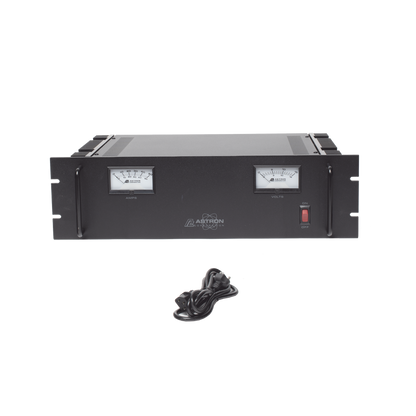 Fuente de poder 13.8Vcc, 50A, lineal regulada con circuito cargador de baterías, medidores, para instalación en rack