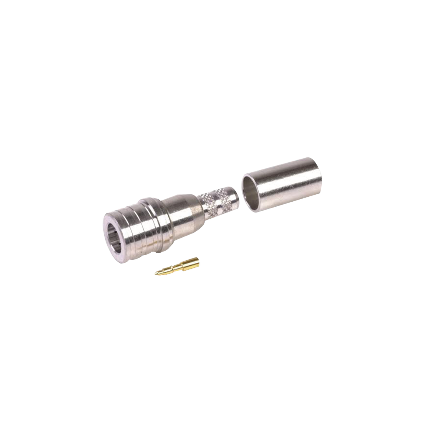 Conector QMA (Quick Mate) Macho, Anillo Plegable en RG-58/U, LMR-195, Bronce Blanco/Oro/Teflón.