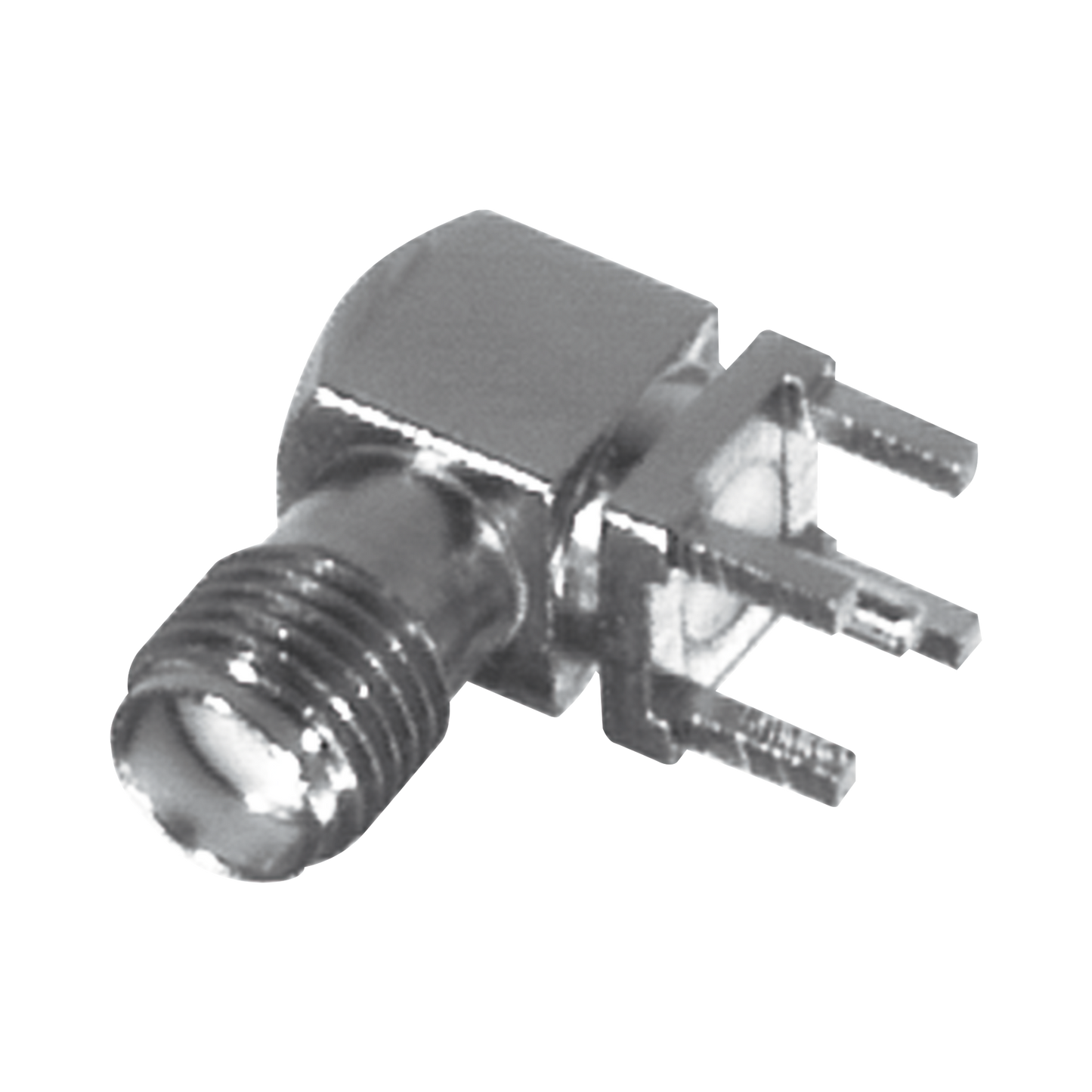 Conector SMA Hembra en Ángulo Recto con Terminal y 4 Patas para Montaje PCB, Níquel/ Oro/ Teflón.â€‹