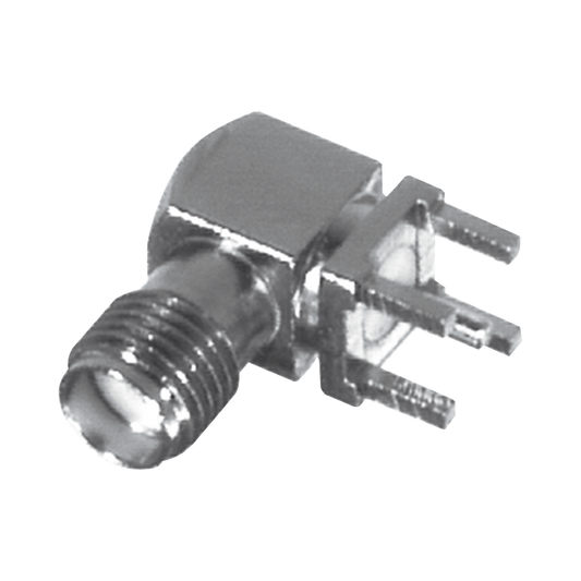Conector SMA Hembra en Ángulo Recto con Terminal y 4 Patas para Montaje PCB, Níquel/ Oro/ Teflón.â€‹
