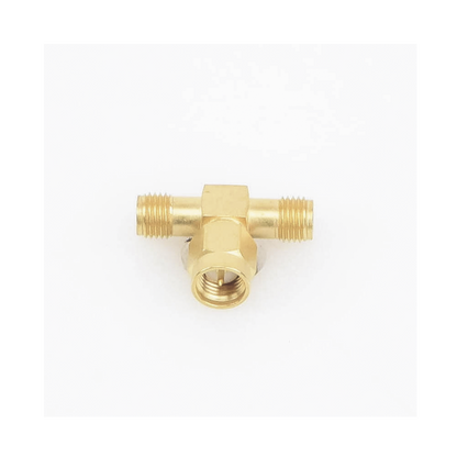 Adaptador en T, de Conector SMA Macho a Doble SMA Hembras, Oro/ Oro/ Teflón.