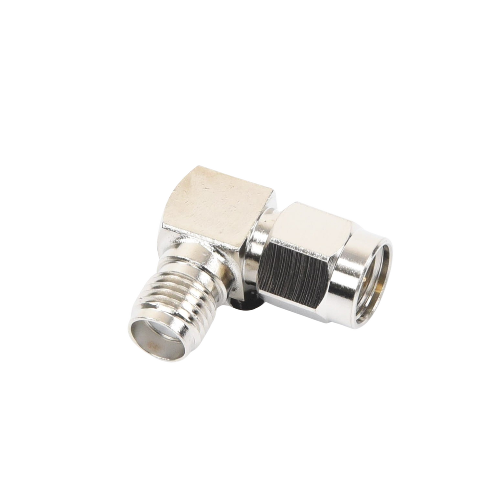 Adaptador en Ángulo Recto, de Conector SMA Macho a SMA Hembra Níquel/ Oro/ Teflón.