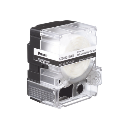 Casete de 200 Etiquetas Autolaminadas de 12.7 x 31.8 mm (0.5 x 1.25 pulgadas), para Cables de 3.1 a 7 mm (0.12 a 0.28 pulgadas) de Diámetro, Área de Impresión Color Blanco