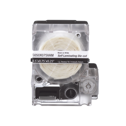 Casete de 200 Etiquetas Autolaminadas de 12.7 x 31.8 mm (0.5 x 1.25 pulgadas), para Cables de 3.1 a 7 mm (0.12 a 0.28 pulgadas) de Diámetro, Área de Impresión Color Blanco