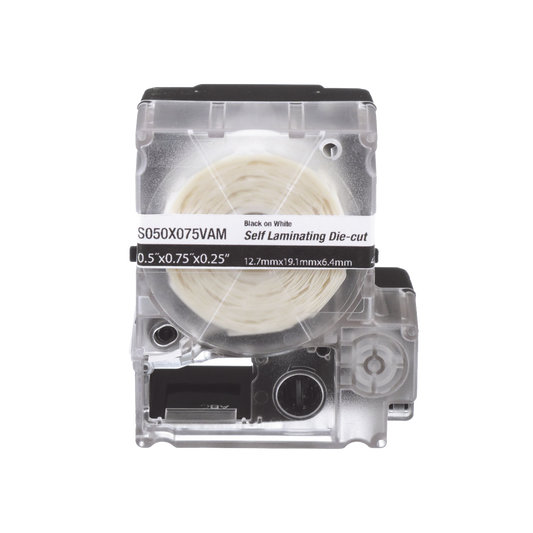 Casete de 200 Etiquetas Autolaminadas de 12.7 x 31.8 mm (0.5 x 1.25 pulgadas), para Cables de 3.1 a 7 mm (0.12 a 0.28 pulgadas) de Diámetro, Área de Impresión Color Blanco