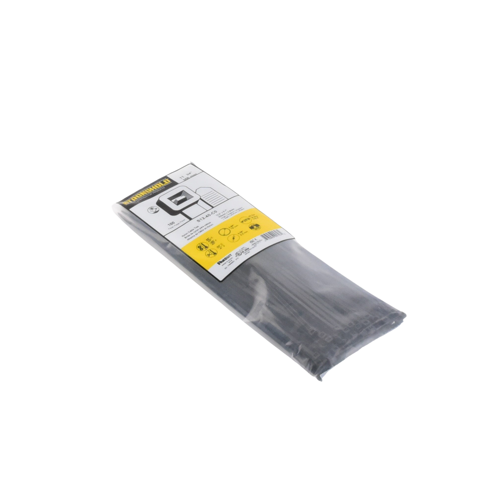 Cincho de Nylon 6.6 StrongHold™, 300mm largo x 3.6mm ancho, Color Negro, Exterior Resistente a Rayos UV, Paquete de 100pz