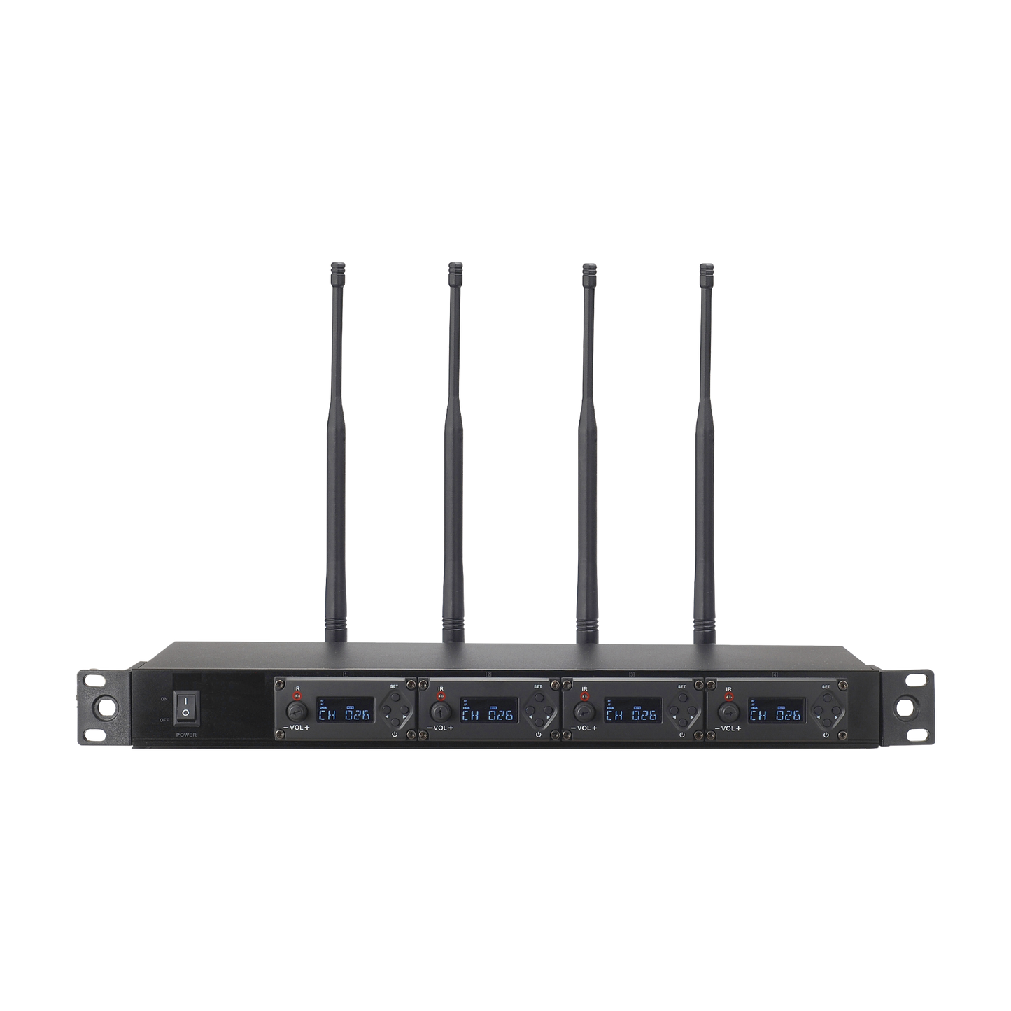 Receptor UHF para 4 micrófonos inalámbricos / Pantalla LCD de cristal liquido