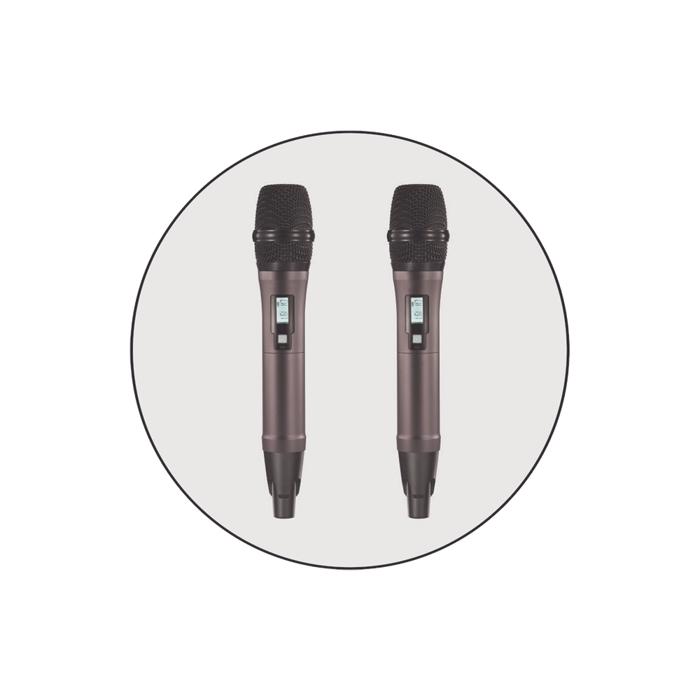 Kit de Microfonía inalámbrico | 2 Micrófonos de mano | Receptor UHF | Pantalla LCD | 200 Canales | Gran cobertura