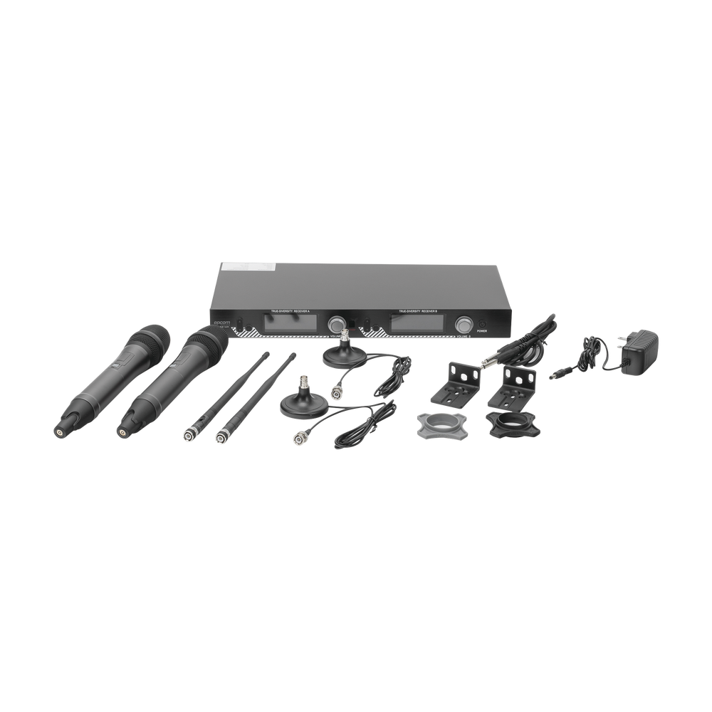 Kit de Microfonía inalámbrico | 2 Micrófonos de mano | Receptor UHF | Pantalla LCD | 200 Canales | Gran cobertura