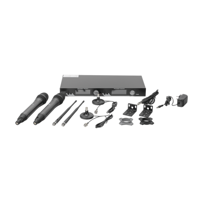 Kit de Microfonía inalámbrico | 2 Micrófonos de mano | Receptor UHF | Pantalla LCD | 200 Canales | Gran cobertura