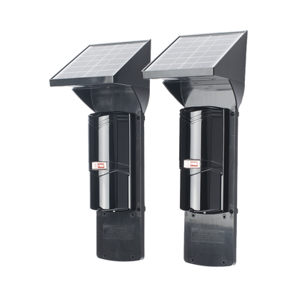 Detector fotoelectrico con celda solar ; DE 2 RAYOS; alcance exterior 60 m / interior 120 m, 4 frecuencias / Para ambientes donde no hay electricidad