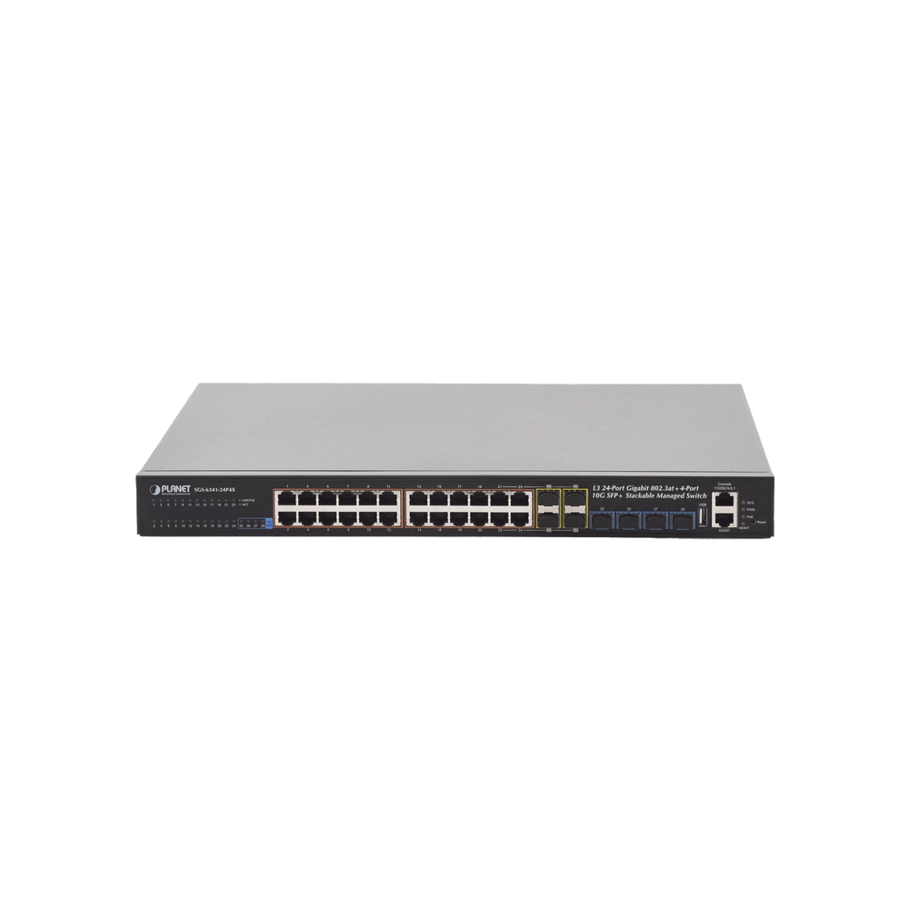 Switch Administrable Stacking Capa 3, 24 Puertos PoE 802.3af/at 10/100/1000T, Hasta 370 W,  4 Puertos 10G SFP+