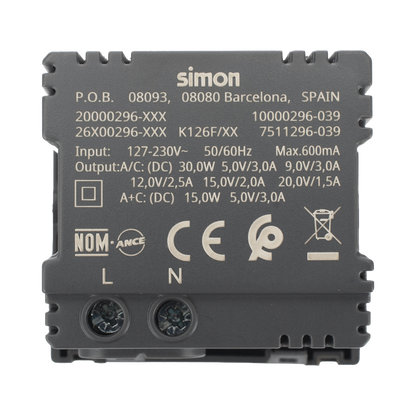 Módulo Doble USB Tipo A+C / Carga Rápida 30W / Color Grafito / Compatible con Torres y Cajas Simon / Modelo: (K126F/14)
