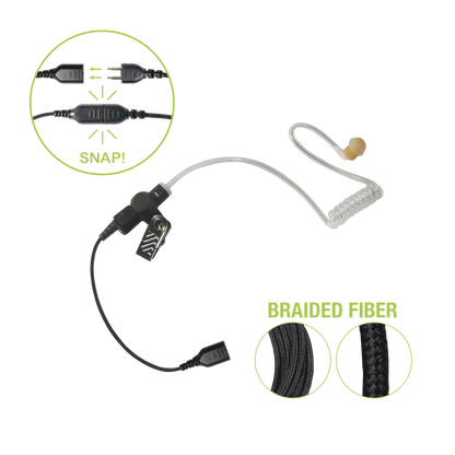 Auricular de tubo acústico transparente con cable de fibra tranzada con conector SNAP tipo MIRAGE. Requiere micrófono de solapa de 1 o 2 hilos de la Serie SNAP.