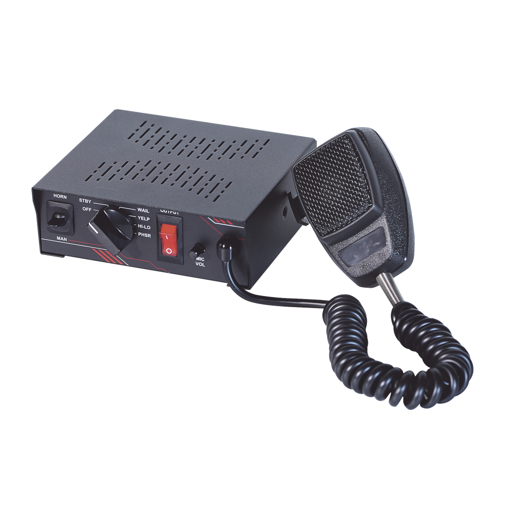 Sirena Vehicular de 100W de Potencia, Con Switch Giratorio de 6 posiciones y Micrófono Integrado de Uso Rudo