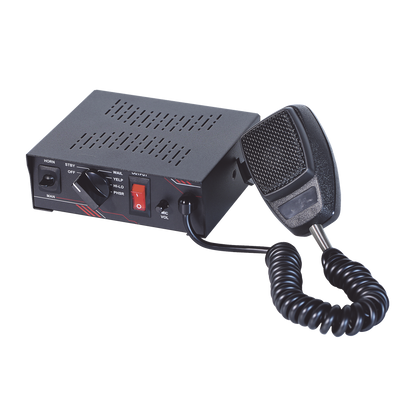 Sirena Vehicular de 100W de Potencia, Con Switch Giratorio de 6 posiciones y Micrófono Integrado de Uso Rudo