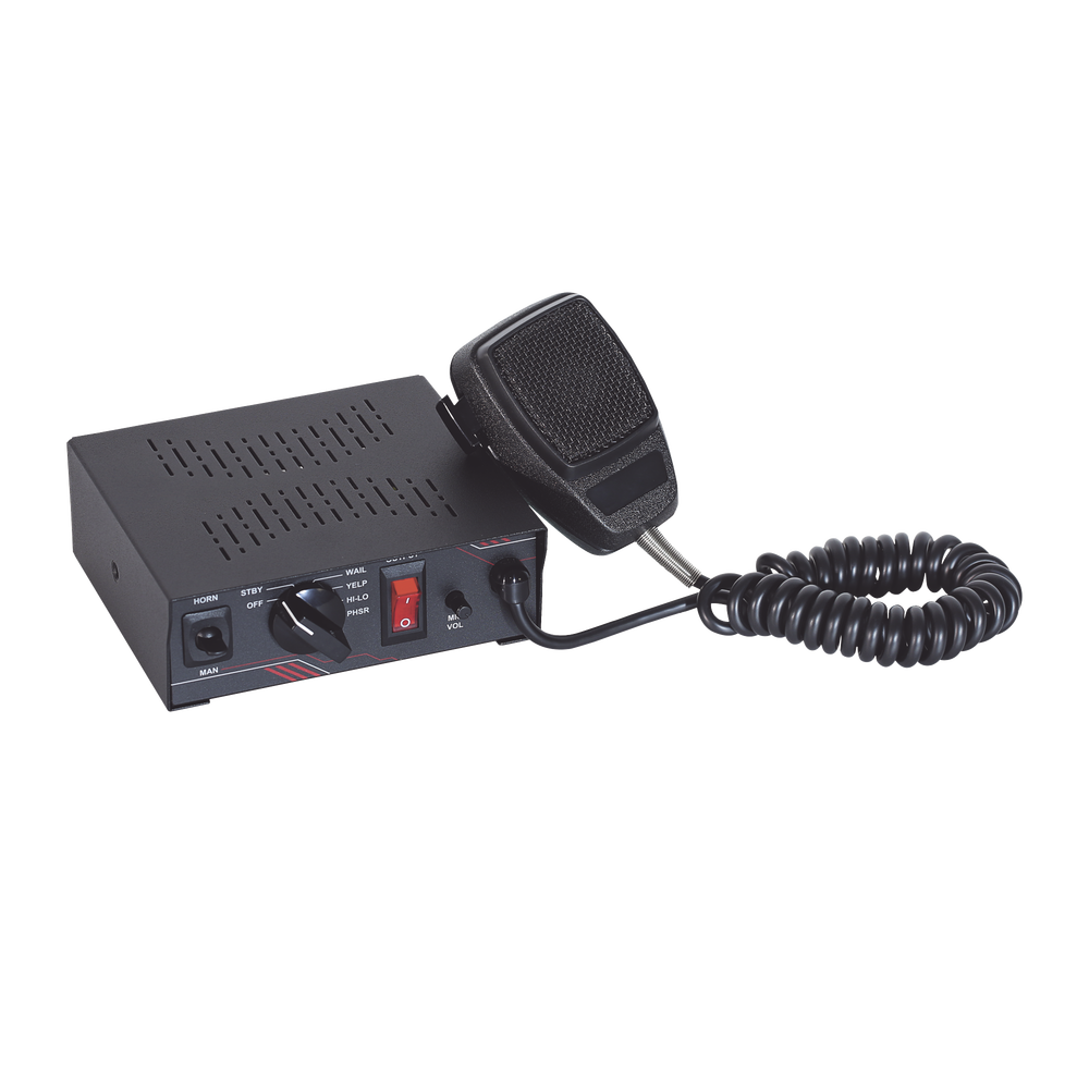 Sirena Vehicular de 100W de Potencia, Con Switch Giratorio de 6 posiciones y Micrófono Integrado de Uso Rudo