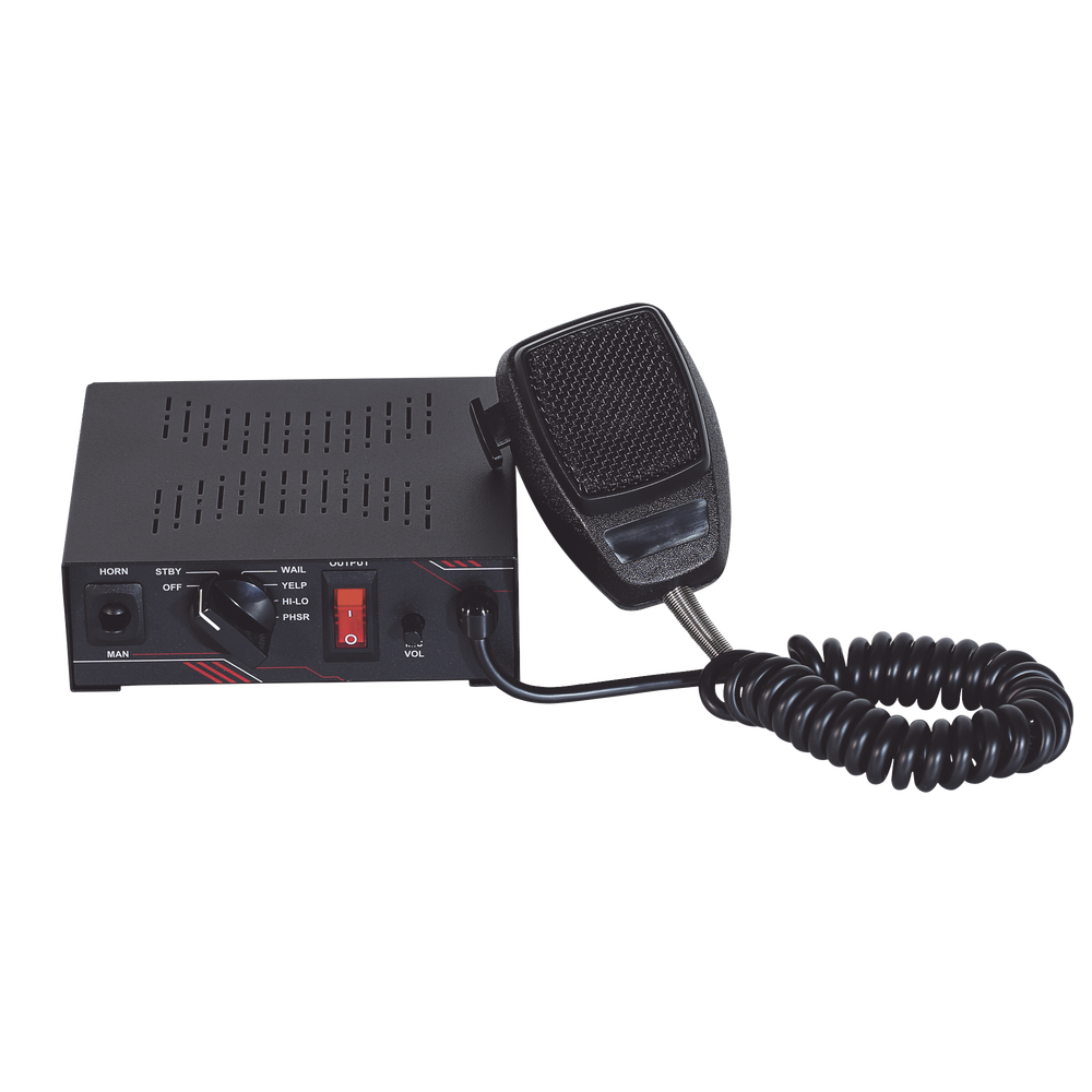 Sirena Vehicular de 100W de Potencia, Con Switch Giratorio de 6 posiciones y Micrófono Integrado de Uso Rudo