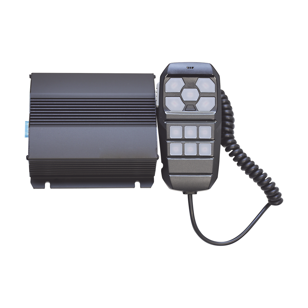 Sirena Vehicular de 100W de Potencia, Con Controlador Unimando Para Control de Tonos, 4 Salidas Auxiliares y Microfono