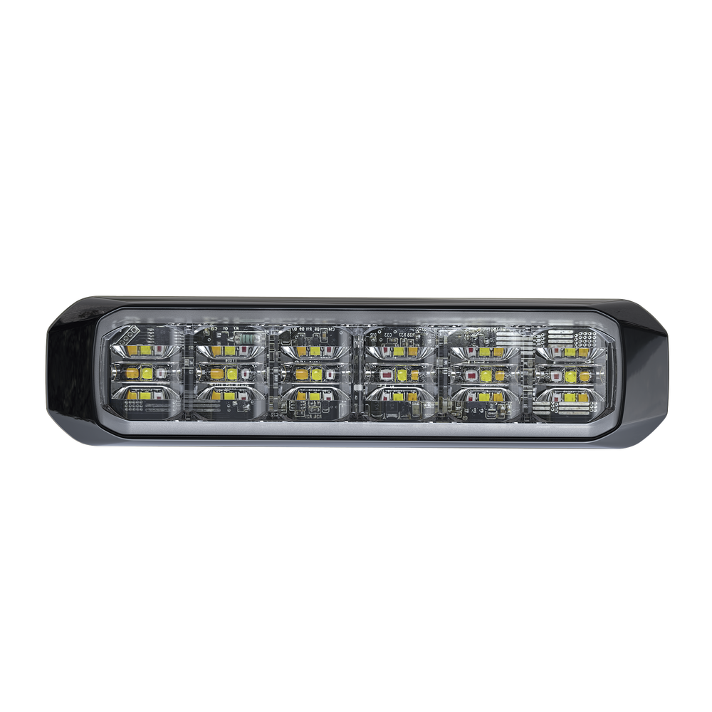 Luz Auxiliar de 18 LED, SAE, Tricolor, Bisel Negro, Rojo/Blanco/Ambar, Lente Transparente