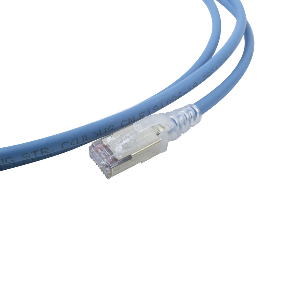 Patch Cord Skinny Cat6A Blindado S/FTP, 2.13 Metros (7 Pies), Diámetro Reducido 28 AWG, Color Azul