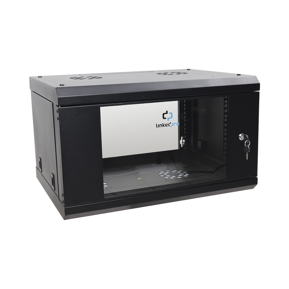 Gabinete de Pared de 6U con Puerta de Cristal Templado, 455 mm de Profundidad Total, Rack de 19in, Acero Reforzado Color Negro.