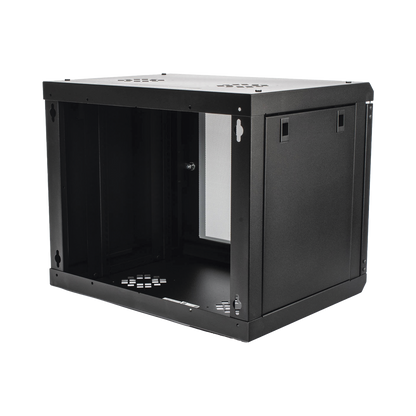 Gabinete de Pared de 9U con Puerta de Cristal Templado, 455 mm de Profundidad, Rack de 19'', Acero Reforzado Color Negro.
