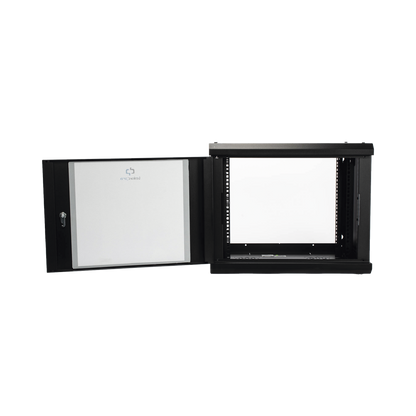 Gabinete de Pared de 9U con Puerta de Cristal Templado, 455 mm de Profundidad, Rack de 19'', Acero Reforzado Color Negro.