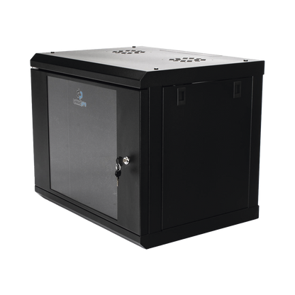 Gabinete de Pared de 9U con Puerta de Cristal Templado, 455 mm de Profundidad, Rack de 19'', Acero Reforzado Color Negro.