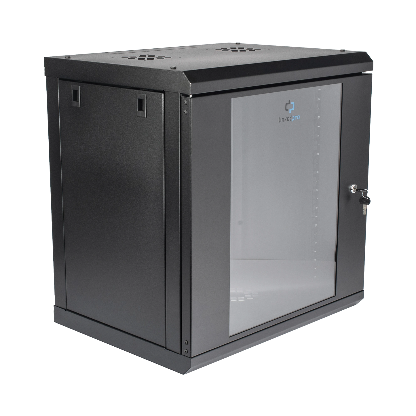 Gabinete de Pared de 12U con Puerta de Cristal Templado, 455 mm de Profundidad, Rack de 19'', Acero Reforzado Color Negro.