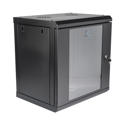 Gabinete de Pared de 12U con Puerta de Cristal Templado, 455 mm de Profundidad, Rack de 19'', Acero Reforzado Color Negro.
