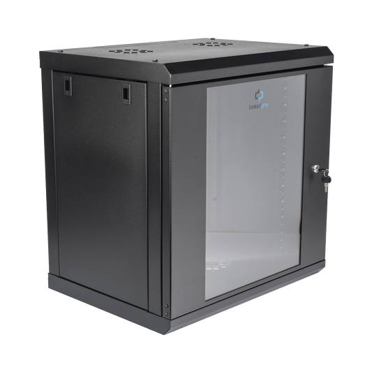 Gabinete de Pared de 12U con Puerta de Cristal Templado, 455 mm de Profundidad, Rack de 19'', Acero Reforzado Color Negro.