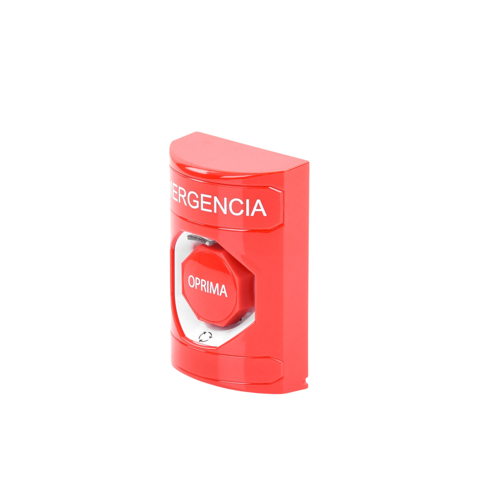 Botón de Emergencia, Texto en Español, Color Rojo, Acción Mantenida, Girar para Restablecer y LED Multicolor