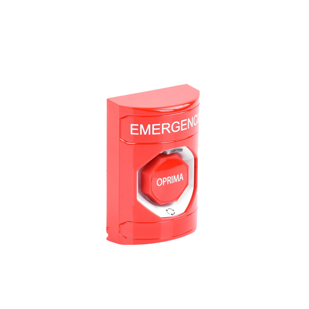 Botón de Emergencia, Texto en Español, Color Rojo, Acción Mantenida, Girar para Restablecer y LED Multicolor