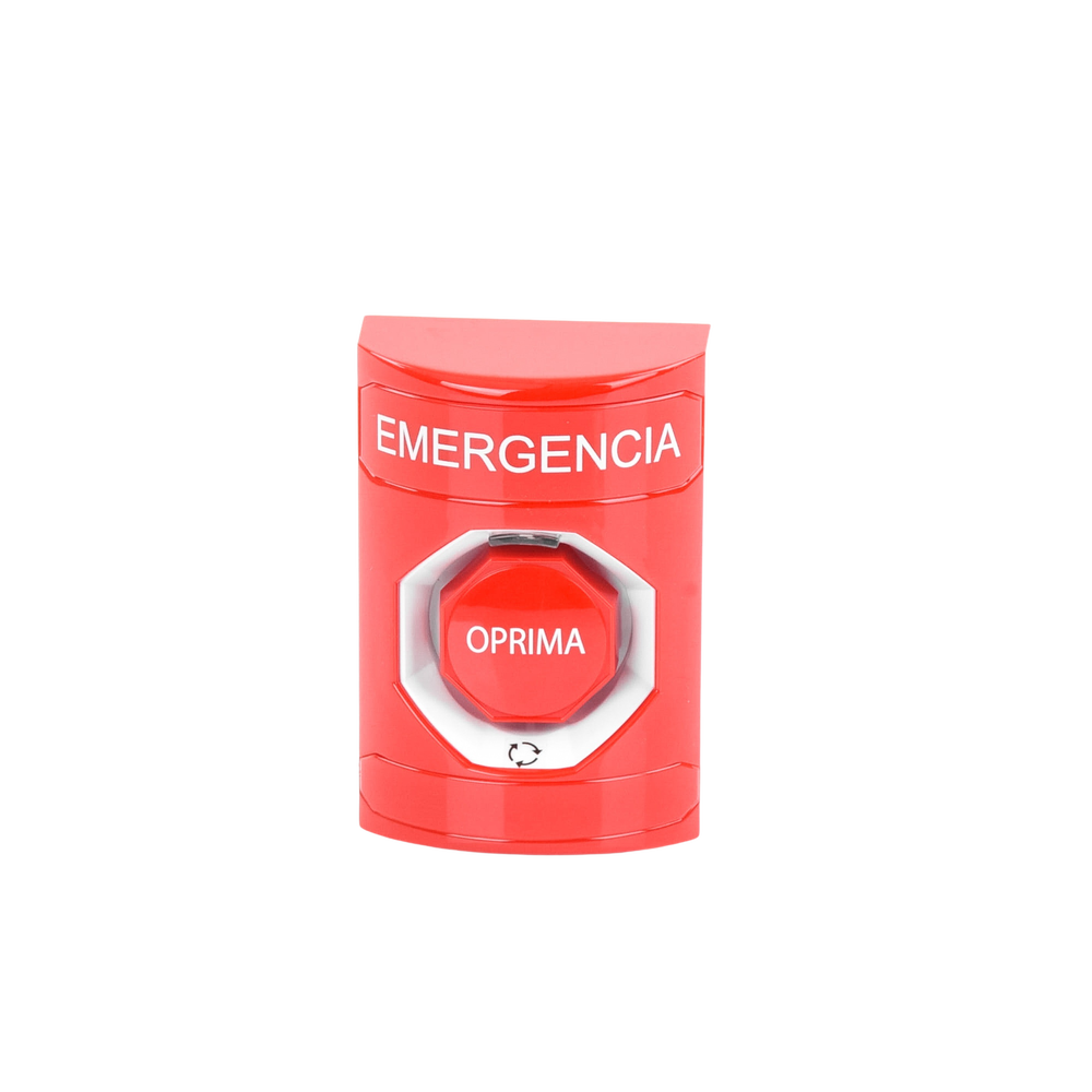 Botón de Emergencia, Texto en Español, Color Rojo, Acción Mantenida, Girar para Restablecer y LED Multicolor