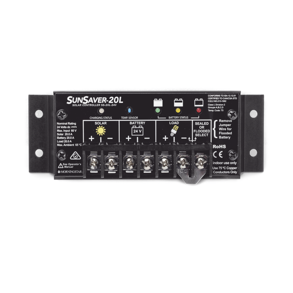 Controlador de Carga Solar SunSaver PWM 20 A / 12 VCC / Encapsulado Epóxico / Clase 1 Div 2 / Compensación de Temperatura