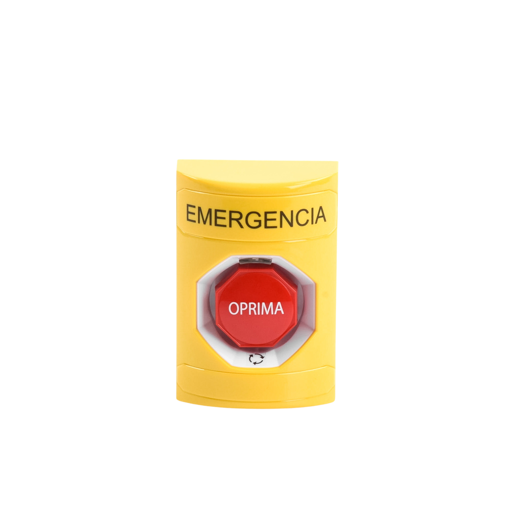 Botón de Emergencia en Español, Color Amarillo, Acción Mantenida, Girar para Restablecer y LED Multicolor