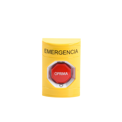 Botón de Emergencia en Español, Color Amarillo, Acción Mantenida, Girar para Restablecer y LED Multicolor