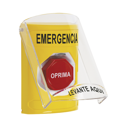 ?Botón Multipropósito, Color Amarillo, De Superficie, Con Tapa De Policarbonato, Con Bocina Pre Alarma, Para Interior, Llave Para Restablecer, Texto De Emergencia, Español