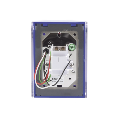 Botón Multipropósito, Color Azul, De Superficie, Con Tapa De Policarbonato, Con Bocina Pre Alarma, Para Interior, Llave Para Restablecer, Texto De Emergencia, Ingles