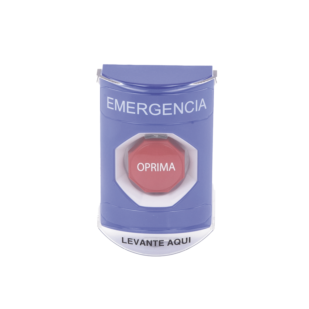 ?Botón Multipropósito, Color Azul, De Superficie, Con Tapa De Policarbonato, Con Bocina Pre Alarma, Solo Interior, Llave Para Restablecer, Texto De Emergencia, Español