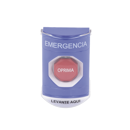 ?Botón Multipropósito, Color Azul, De Superficie, Con Tapa De Policarbonato, Con Bocina Pre Alarma, Solo Interior, Llave Para Restablecer, Texto De Emergencia, Español
