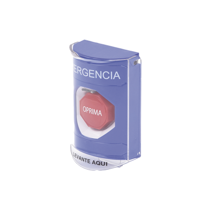 ?Botón Multipropósito, Color Azul, De Superficie, Con Tapa De Policarbonato, Con Bocina Pre Alarma, Solo Interior, Llave Para Restablecer, Texto De Emergencia, Español