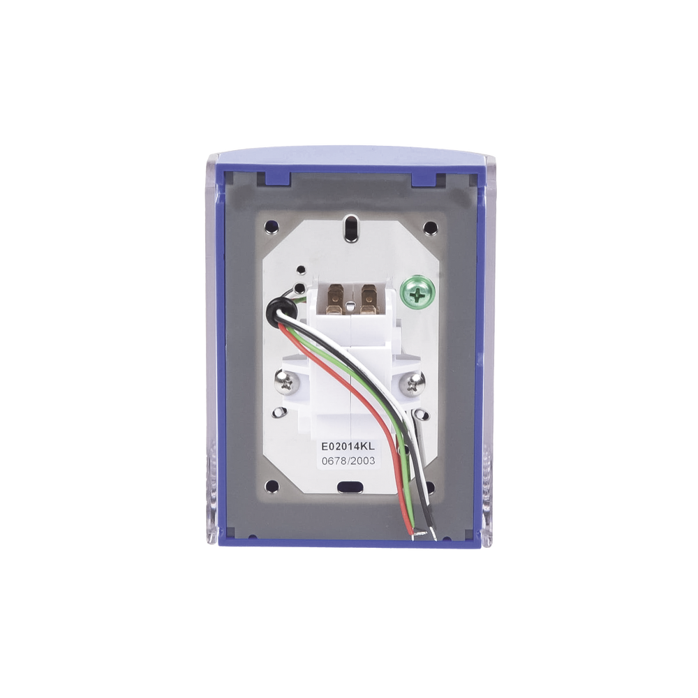 ?Botón Multipropósito, Color Azul, De Superficie, Con Tapa De Policarbonato, Con Bocina Pre Alarma, Solo Interior, Llave Para Restablecer, Texto De Emergencia, Español