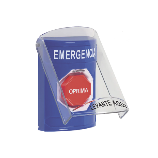 ?Botón Multipropósito, Color Azul, De Superficie, Con Tapa De Policarbonato, Con Bocina Pre Alarma, Para Interior, Llave Para Restablecer, Texto De Emergencia, Español